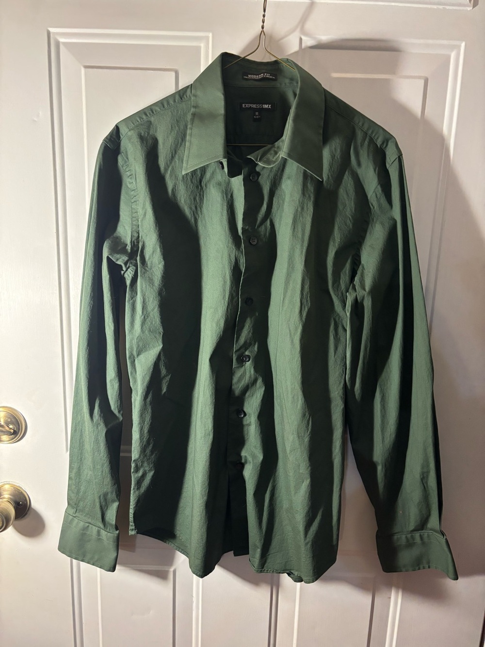 Express 1MX Men’s Size Medium 15–15.5 Green Modern Fit Stretch Cotton Dress Shir